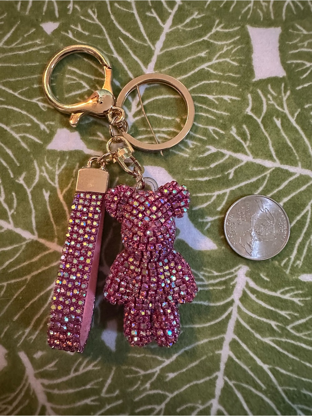 Pink Crystal Teddy Bear Keychain with Strap